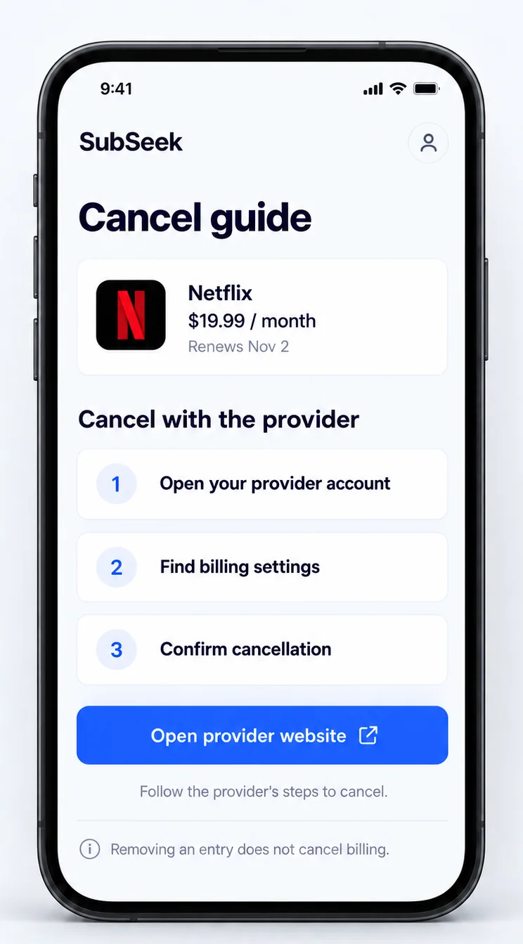 Cancel guide for Netflix with three steps and a link to the provider website