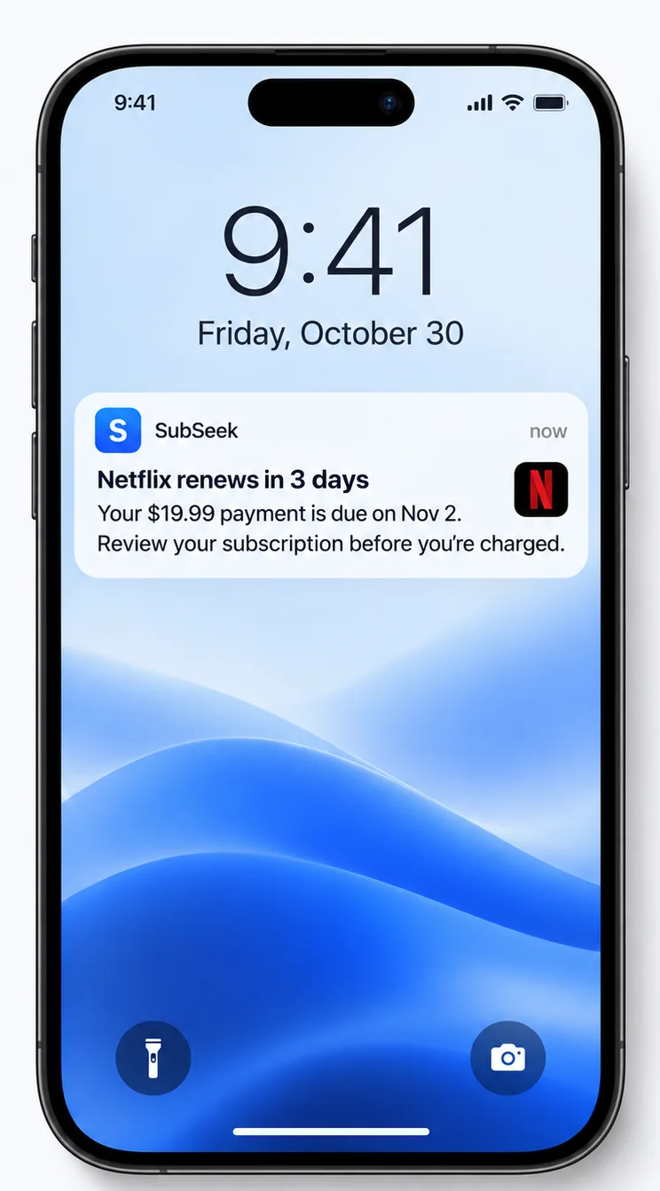 Lock screen notification from SubSeek: Netflix renews in 3 days, $19.99 due on Nov 2