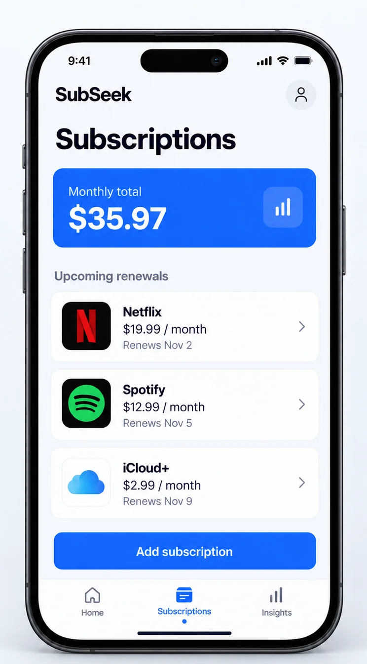 SubSeek list with monthly total and upcoming renewals for Netflix, Spotify and iCloud+